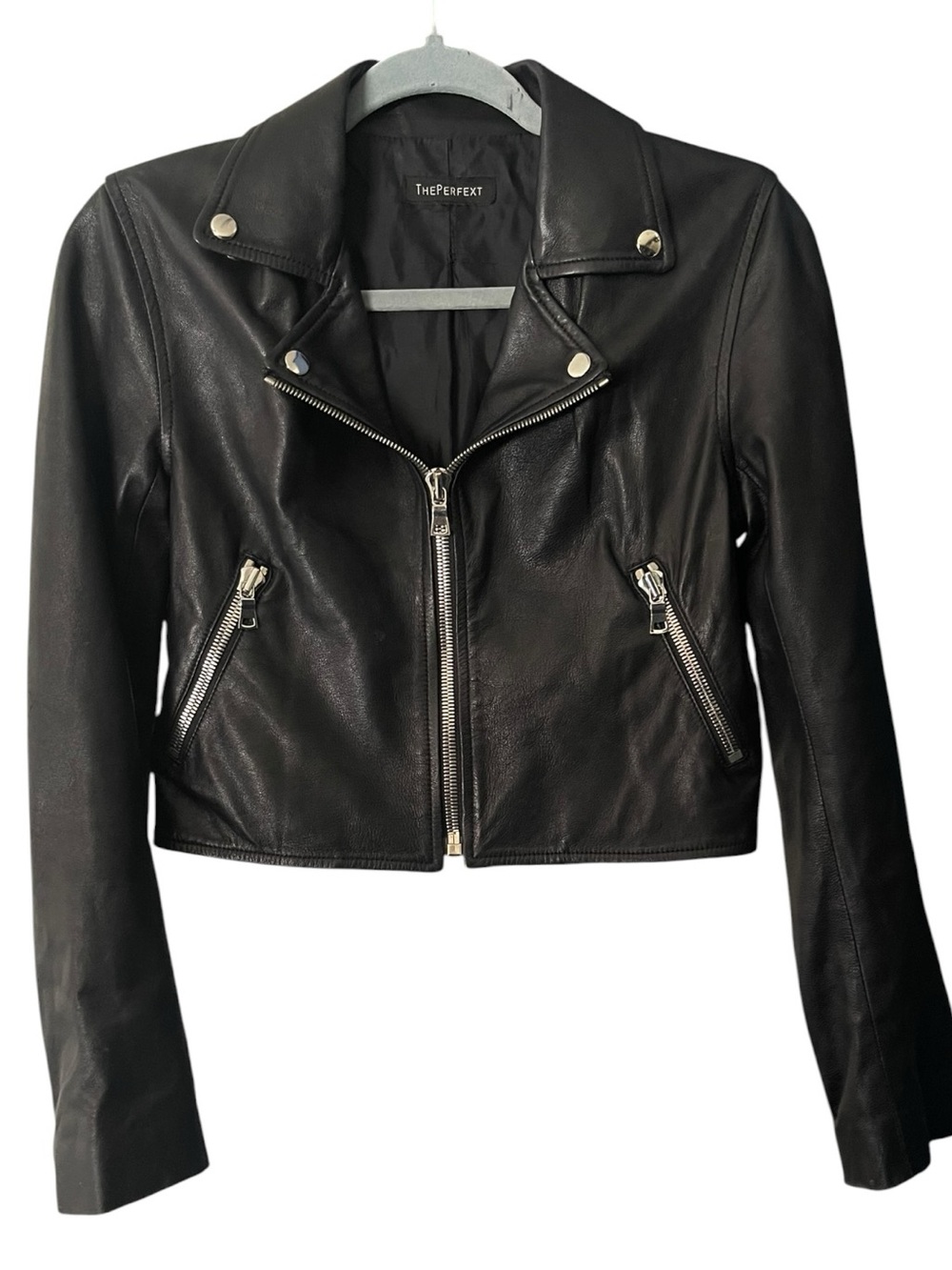 ThePerfext Black Genuine Leather Cropped Moto Biker Jacket Size S Made USA